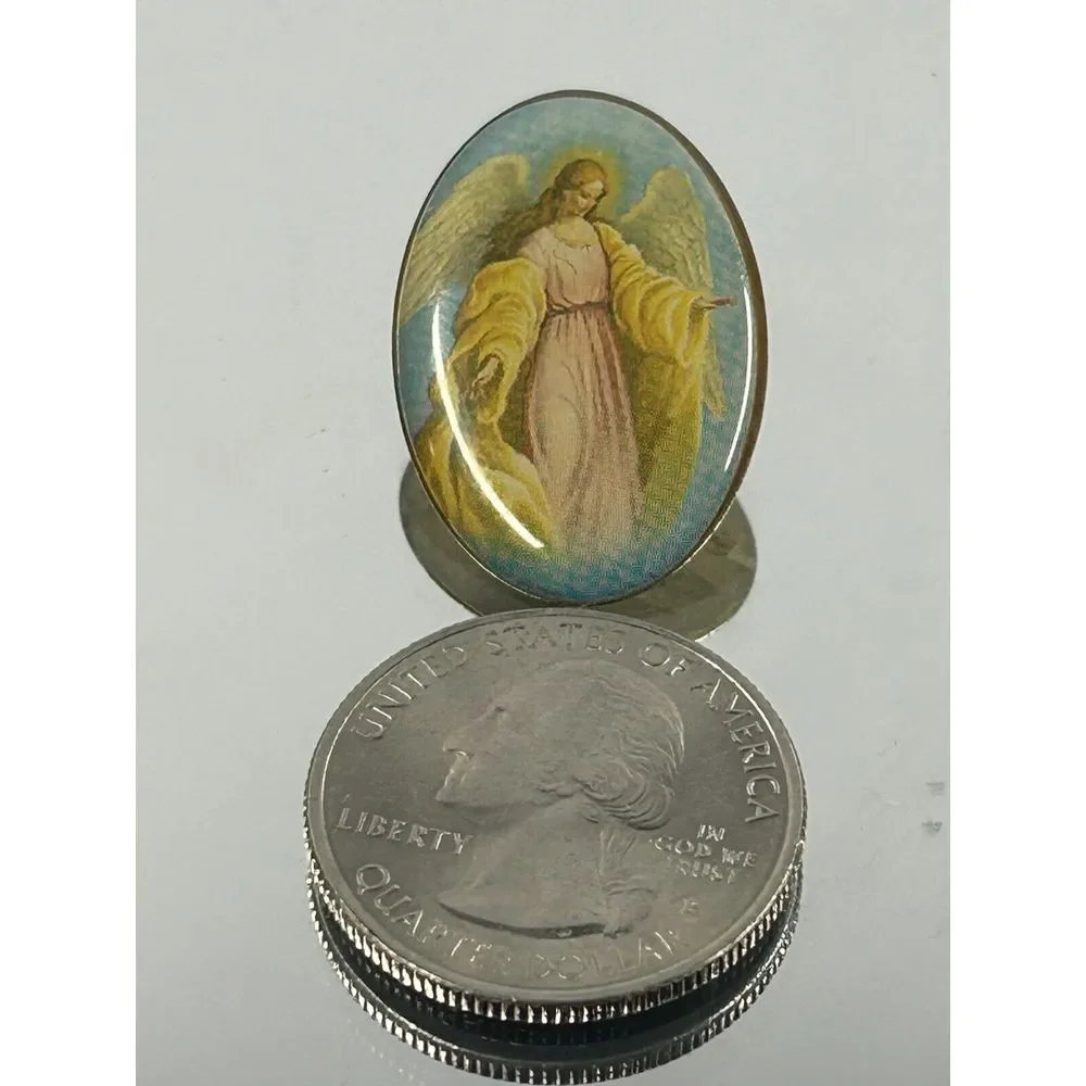 Vintage Guardian Protection Angel Oval Gold‎ Tone Metal Lapel Hat Pin Religious